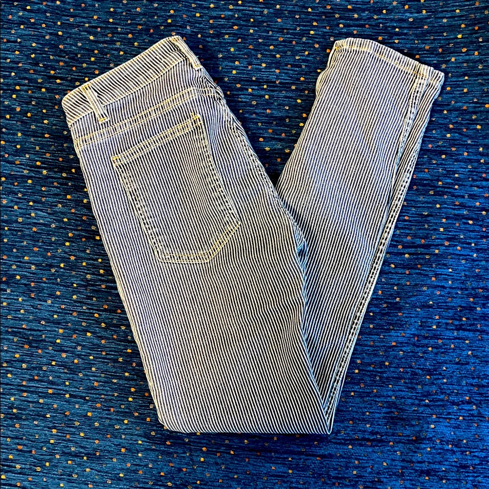 American Apparel Blue and White Striped Skinny Jeans with zipper ankle